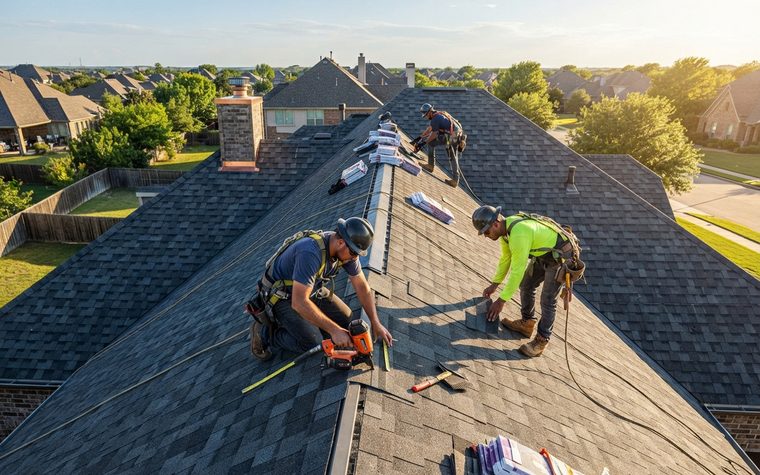 Roofing crew installing shingles on a suburban home